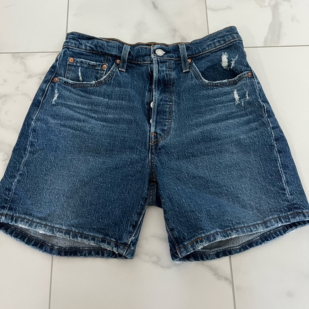 Levi's Indigo Distressed High-Waist Jean Shorts. 28